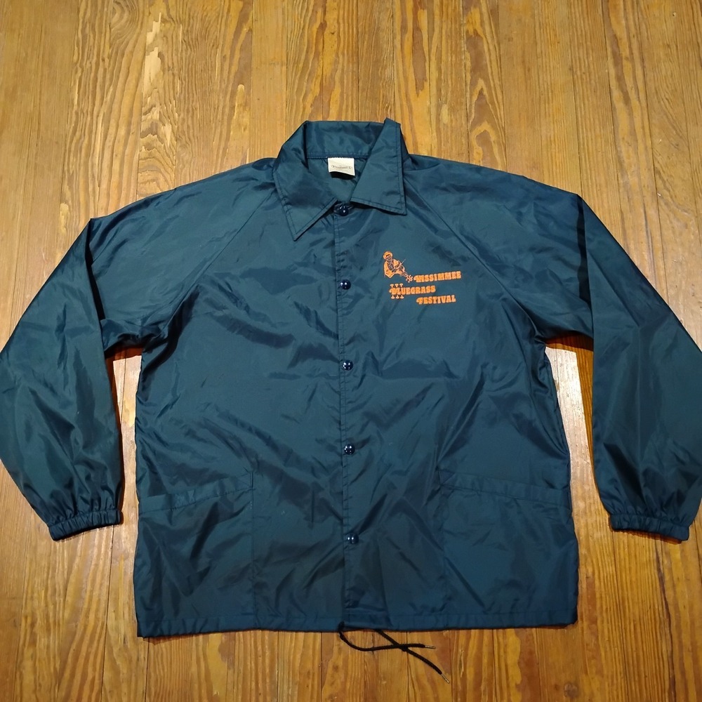 VINTAGE Kissimmee Bluegrass Jacket Mens L Blue Snap Guitar Windbreaker Music 80s